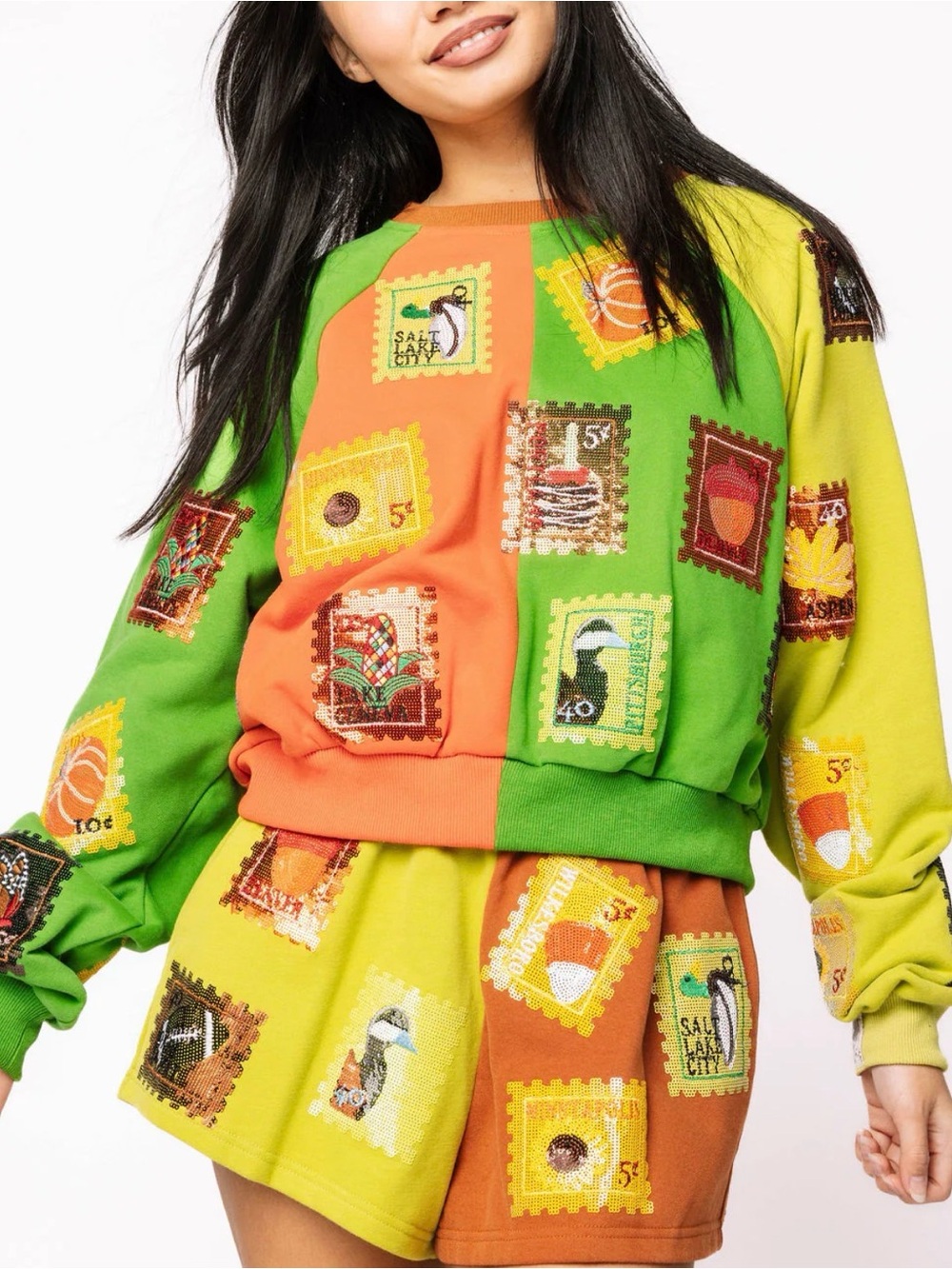 NWOT! QUEEN OF SPARKLES Colorblock Fall Sequin Stamp Sweatshirt - Picture 4 of 12